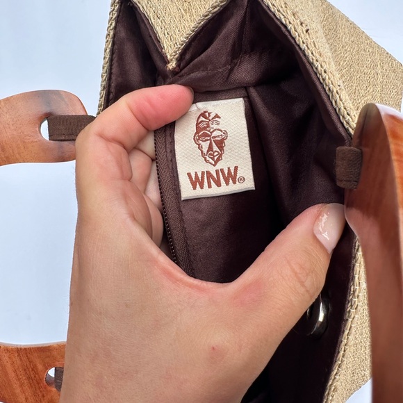 Vintage - Beaded Shell Woven Jute Purse / Handbag Wood Natural Fiber Puka Bamboo - Picture 8 of 13